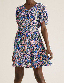 M&S Floral V-Neck Mini Waisted Dress