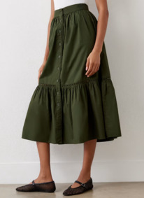 marksandspencer Pure Cotton Button Front Midi Tiered Skirt GREEN