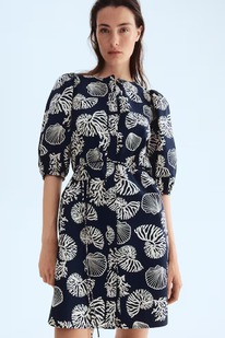 �� Puff-sleeved dress Navy blue/Patterned